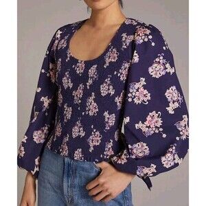 Anthropologie Top Cotton Blue‎ Floral Smocked Cut Out Classic Tank Sz Medium